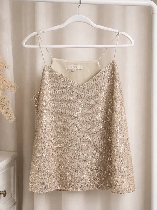 LOFT Champagne Sequin Spaghetti-Strap Camisole - Picture 1 of 2